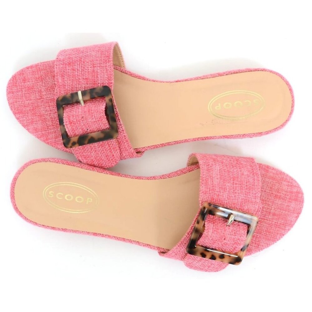 Scoop Rolie Women's 9B Pink Tortoise Buckle Slide Sandal Flat Vacation Shoes